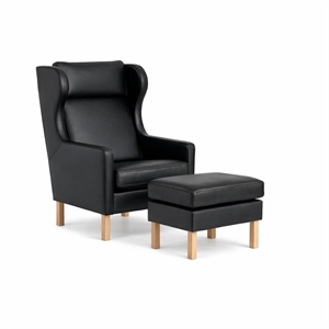 Cerena øreklapstol m. fodskammel / Sort læder 668